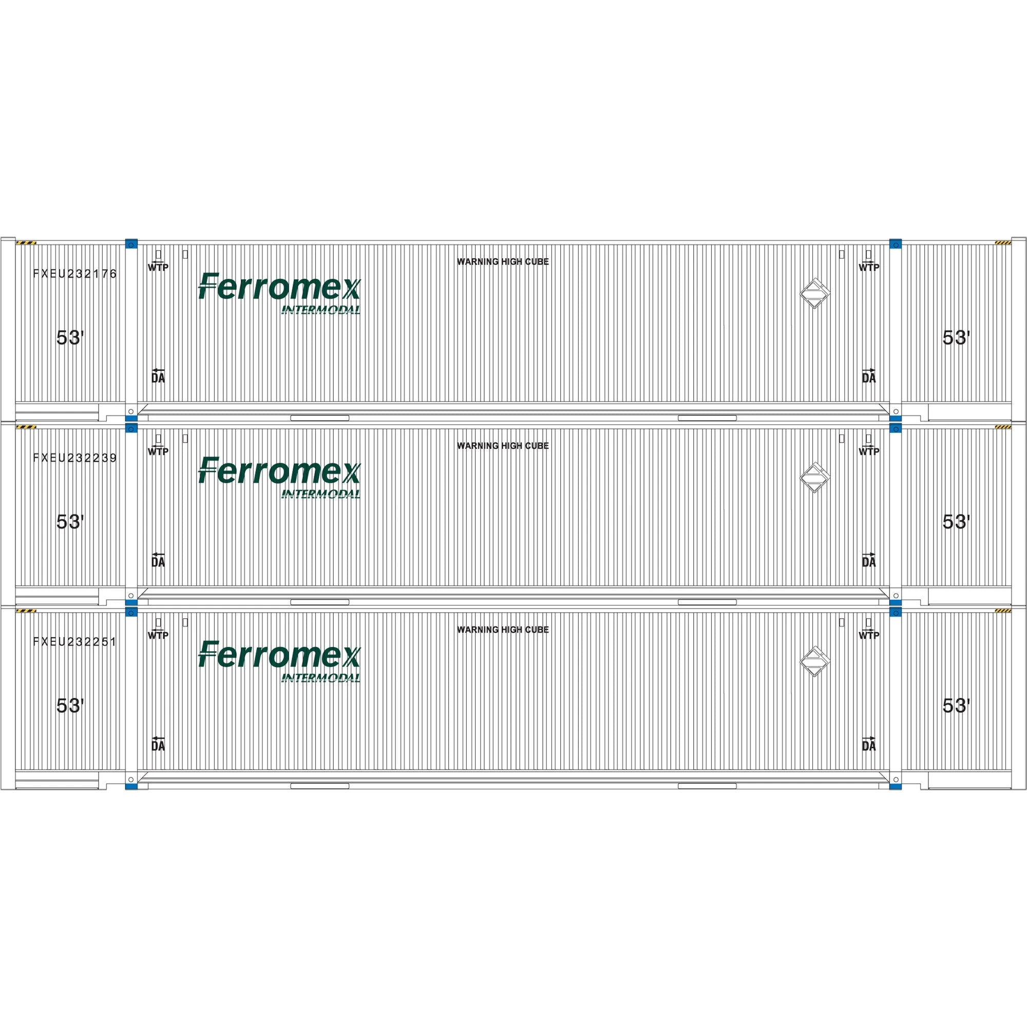 Athearn 29365 HO Scale 53' Jindo Intermodal Container Ferromex FXEU 3-Pack #1 4 Athearn 29365 HO Scale 53' Jindo Intermodal Container Ferromex FXEU 3-Pack #1 - Image 2
